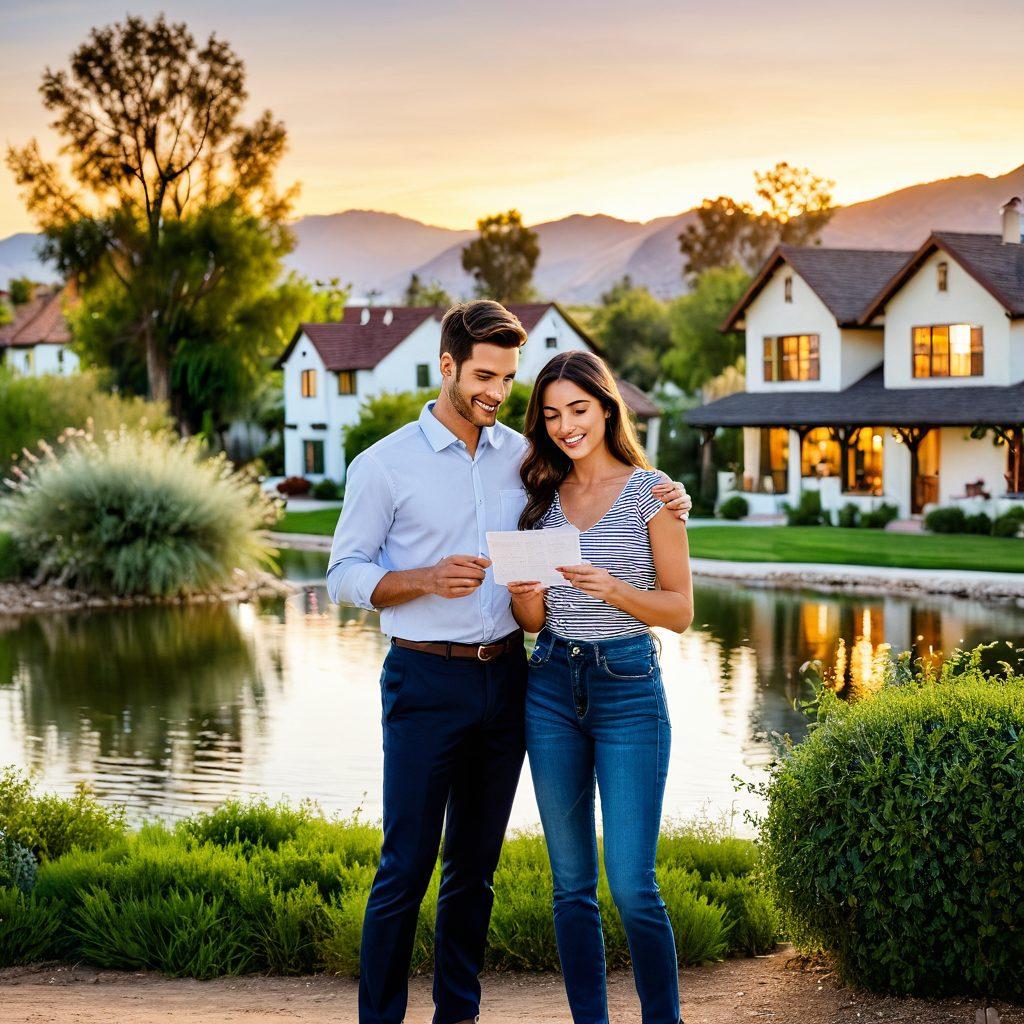 A passionate couple exploring a picturesque Riverside County landscape, surrounded by charming homes and lush greenery. One of them is holding a tax form, while the other points at a beautiful property in the distance. A heart symbol subtly merges with the scenic background, illustrating the blend of love and real estate. The warmth of golden hour lighting enhances the romance of the scene. super-realistic. vibrant colors. 3D.