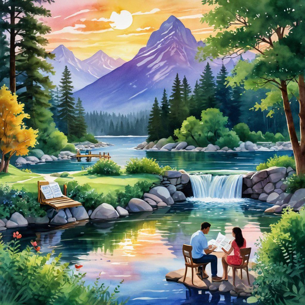 A romantic riverside setting showcasing a couple reviewing tax forms, surrounded by lush greenery and flowing water. Include playful elements like hearts and tax symbols subtly integrated into the scene, emphasizing the blend of love and finance. The background should feature picturesque mountains and a sunset to create a warm atmosphere. watercolor style. vibrant colors.