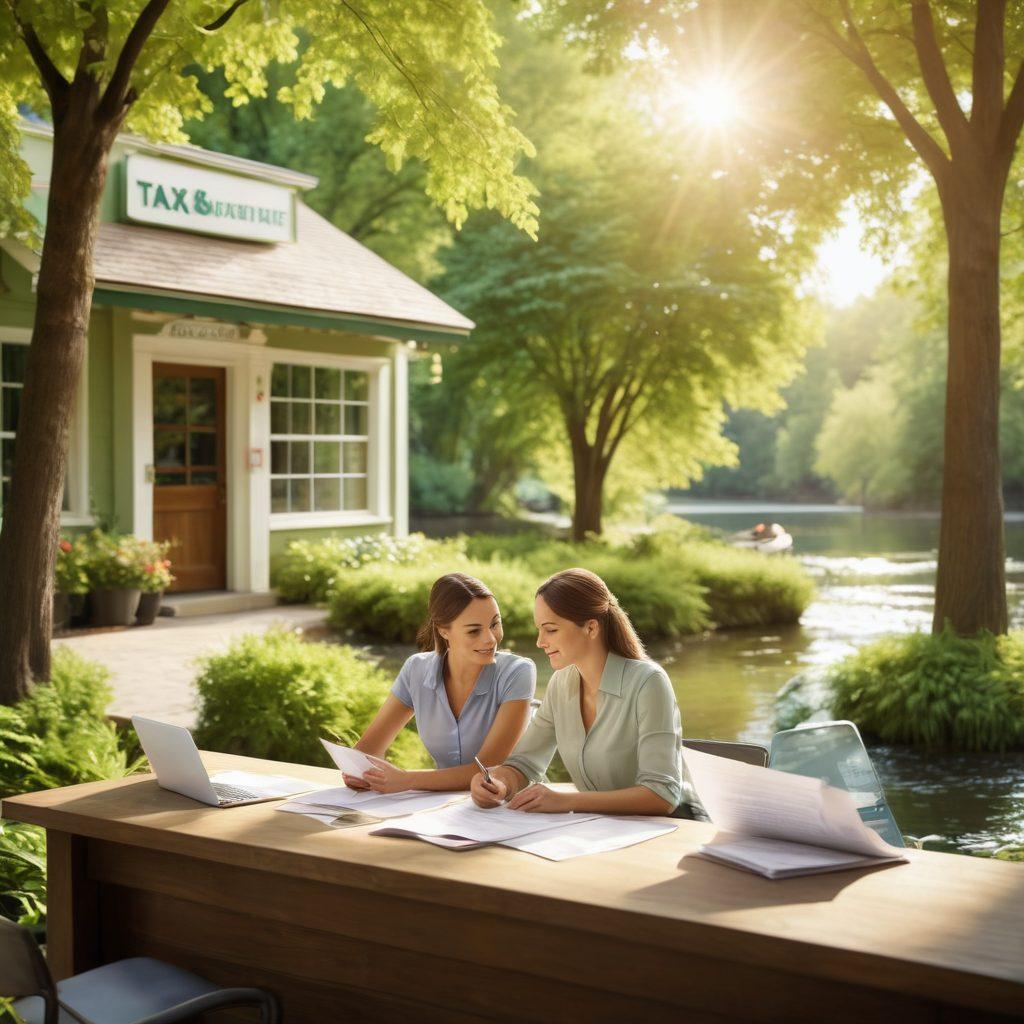 A serene riverside view featuring a couple sharing a warm moment while reviewing tax documents together, with soft sunlight filtering through lush green trees. Nearby, a quaint tax assistance office is visible, adorned with friendly signage. The overall atmosphere is comforting and inviting, symbolizing connection amidst paperwork. 3D. vibrant colors. soft focus.